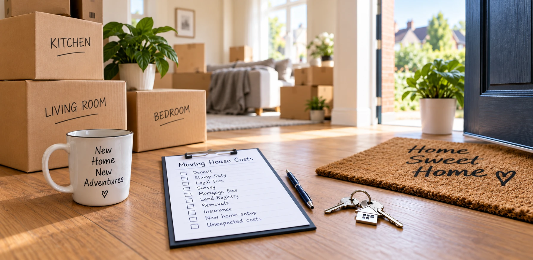 Moving boxes, house keys and a clipboard listing moving costs beside an open front door and a new-home mug.