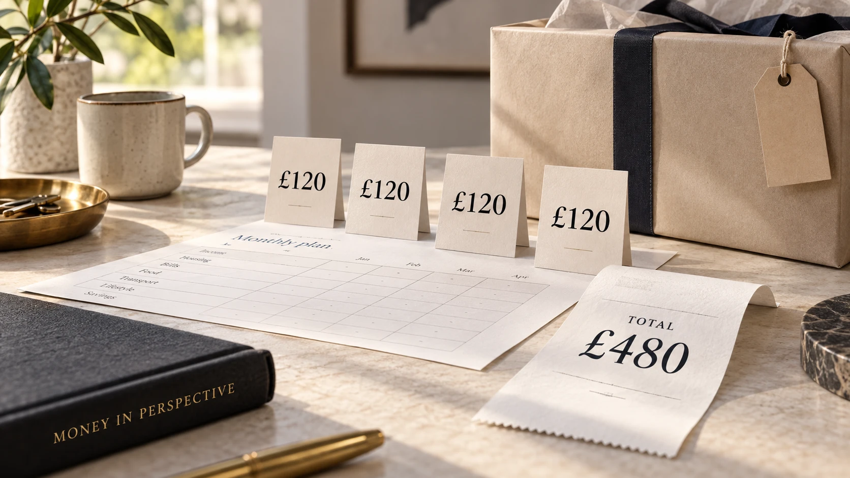 Four £120 instalment cards beside a monthly budget and a receipt totalling £480.