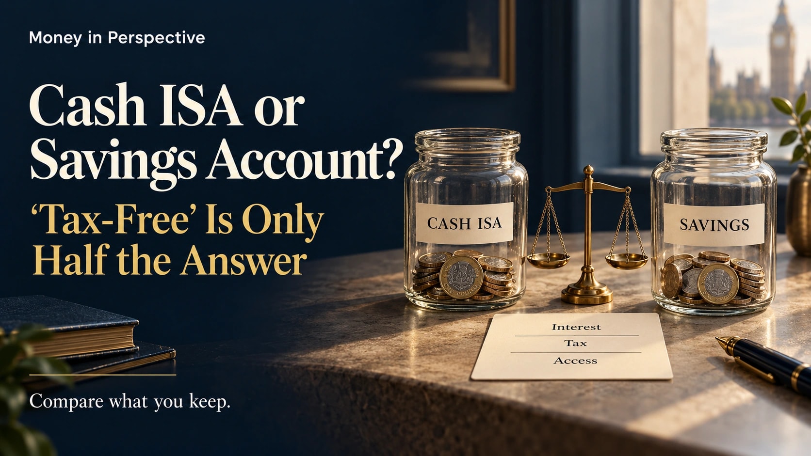 Two savings jars labelled Cash ISA and Savings beside a balanced brass scale and a card listing interest, tax and access.