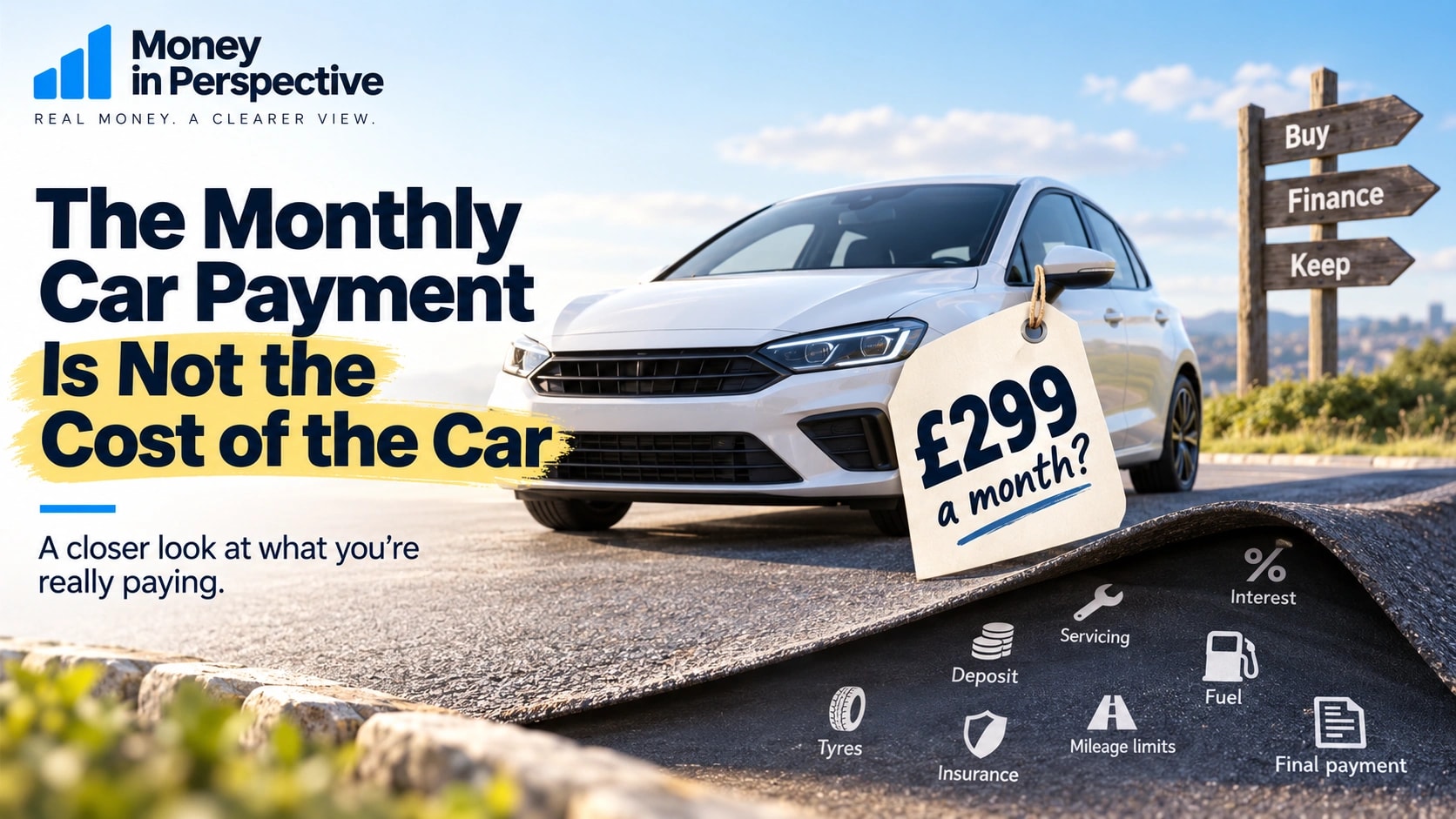 A car with a £299-a-month question tag, a buy-finance-keep signpost and running costs illustrated beneath the road.