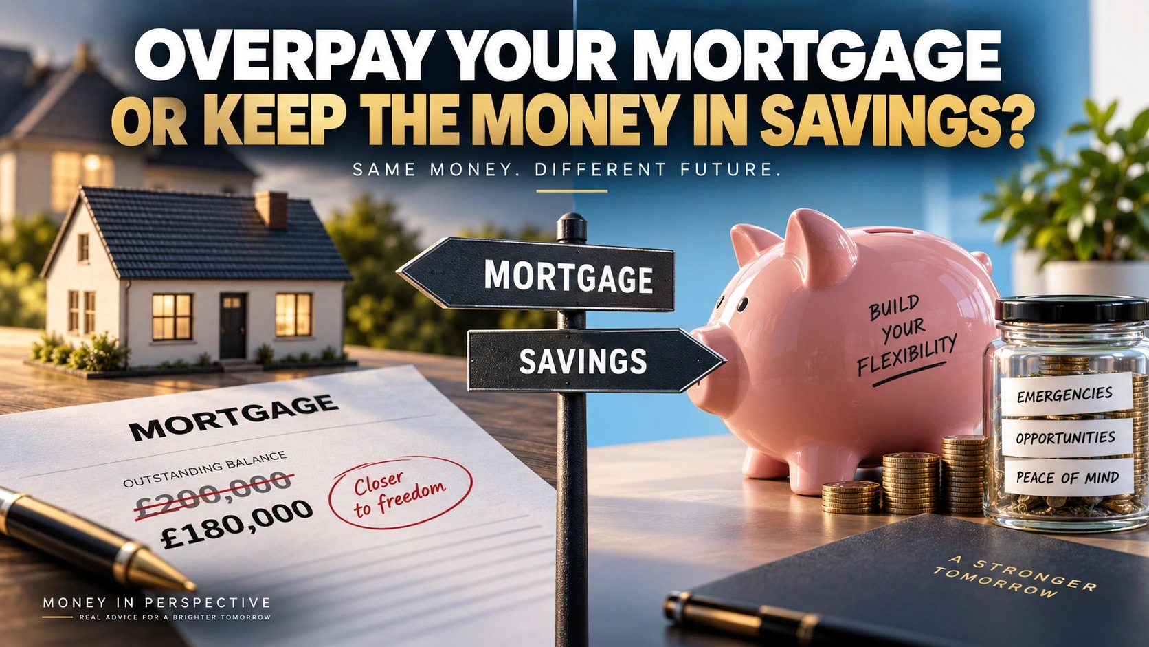 A model home and mortgage statement beside a savings piggy bank and emergency fund, with a signpost pointing towards mortgage and savings.