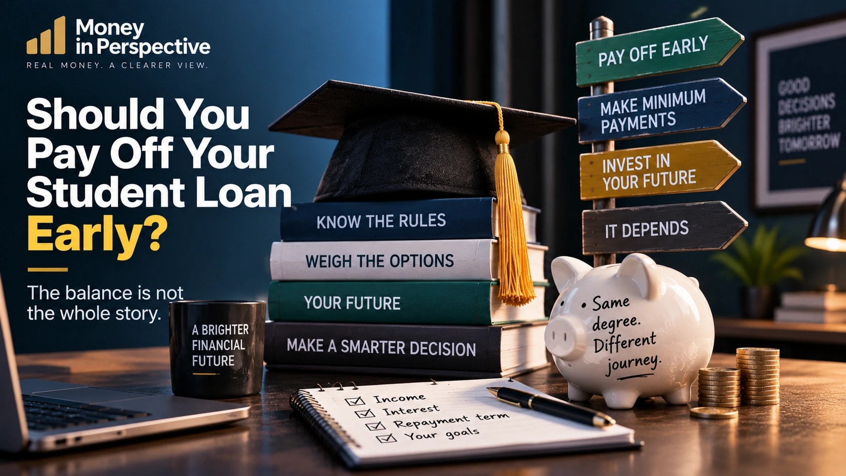 Graduation cap, books and a savings piggy bank beside signs for paying early, making required payments and investing in the future.